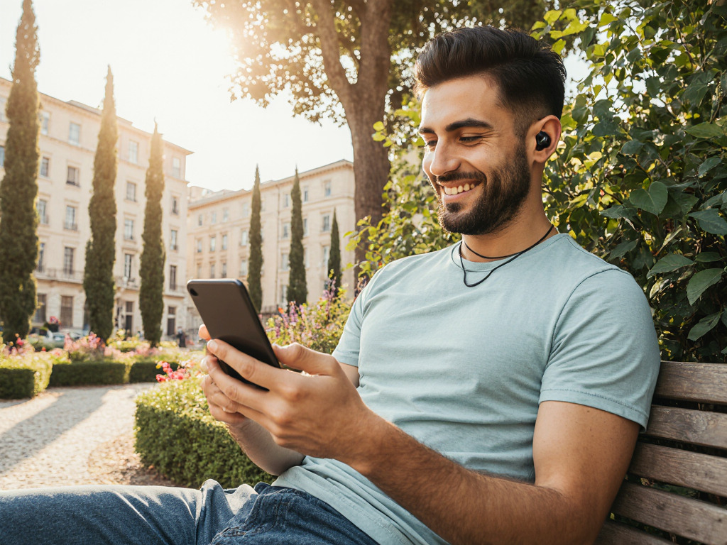 Un giovane italiano sorridente con auricolari Bluetooth guarda felice il suo smartphone durante una sessione online con StandUp contro la ludopatia, seduto in un verde giardino pubblico di città italiana come Roma