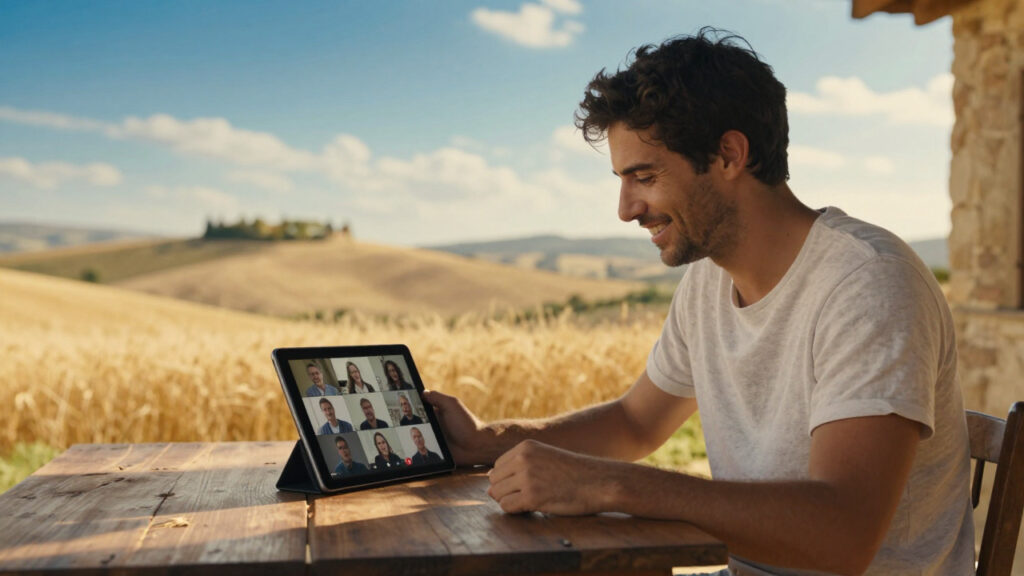 Ragazzo italiano sorridente che segue una video call di gruppo con un professionista dal suo tablet, seduto all'aperto in una casa di campagna circondata da colline di grano al sole